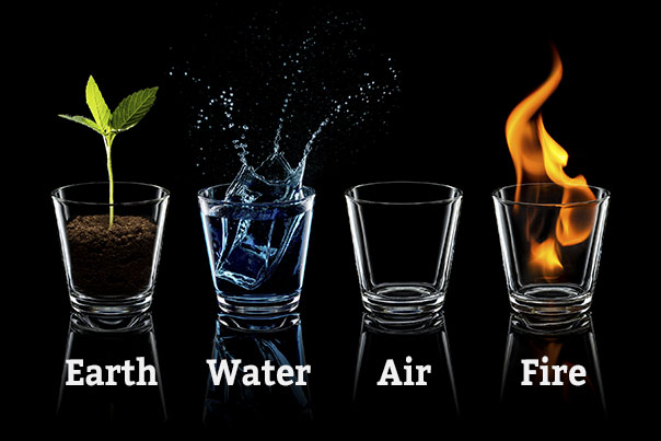 photo of four shot glasses representing earth with plant, water with ice cube dropping into water, air with empty glass, fire in shot glass